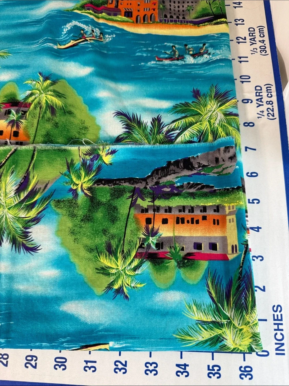 Vintage Tropical Island Scenic Fabric 1¾ Yards Palm Trees Sailboats Caribbean